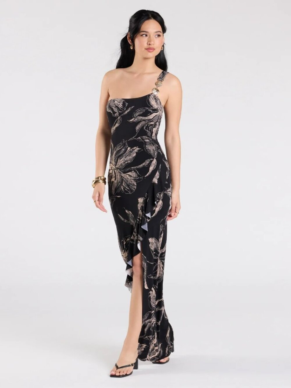 Lovely Day Floral One-Shoulder Midi Dress Black with Gold Button Detail Size L